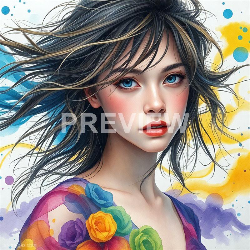 The image depicts a highly detailed, digital portrait of a young woman with striking blue eyes, fair skin, and subtle makeup including red lipstick and soft blush. Her long, flowing hair is dark with blonde highlights, appearing windswept. She is adorned with colorful, abstract floral patterns on her shoulder, and the background features a lively splash of yellow, blue, and purple watercolor-like splashes, creating a vibrant and artistic atmosphere.